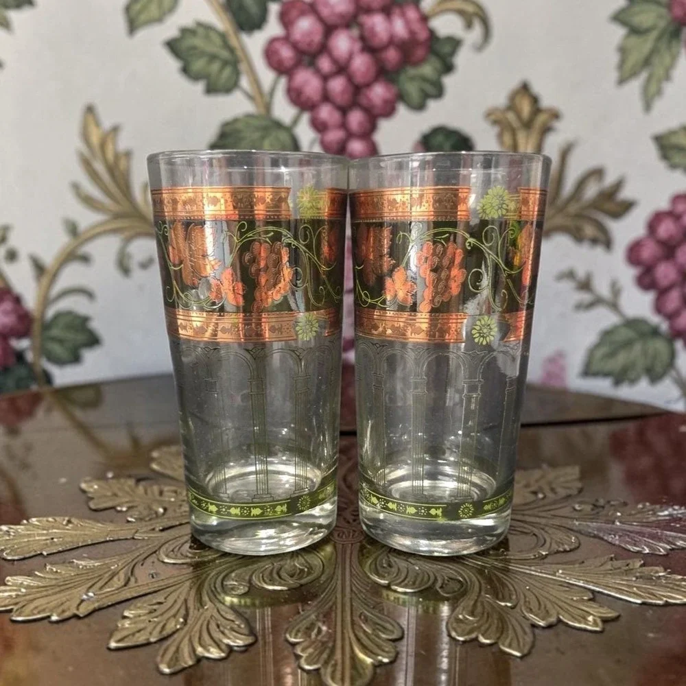 Cera Green & Golden Grapes Highball Glasses, Set of 2, Vintage Tumblers, Barware